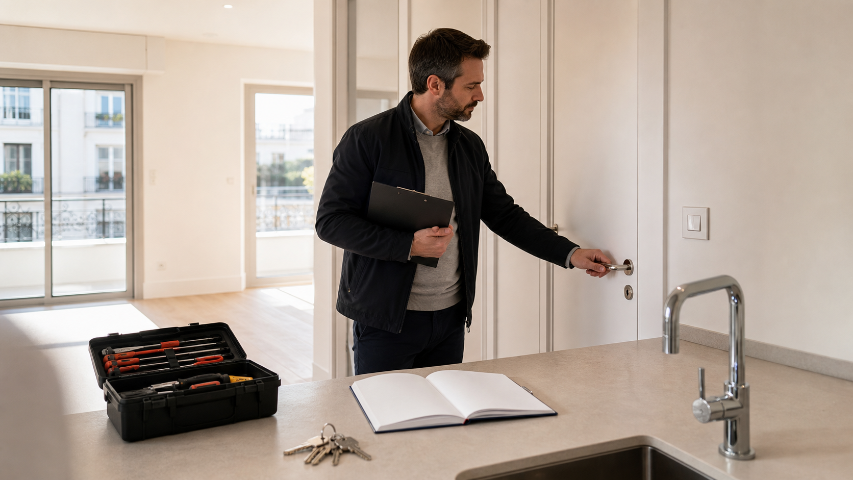 Contrôle de petites réparations dans un appartement lumineux avant remise des clés.