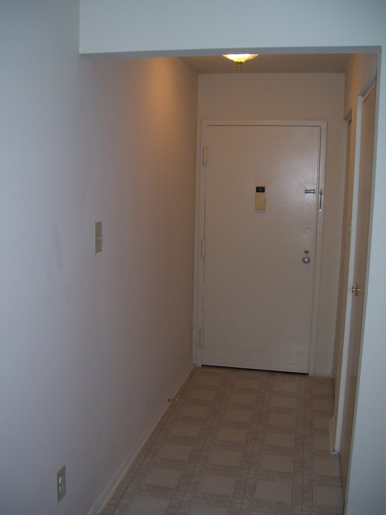 Entrée d’appartement propre avec porte blanche et sol dégagé