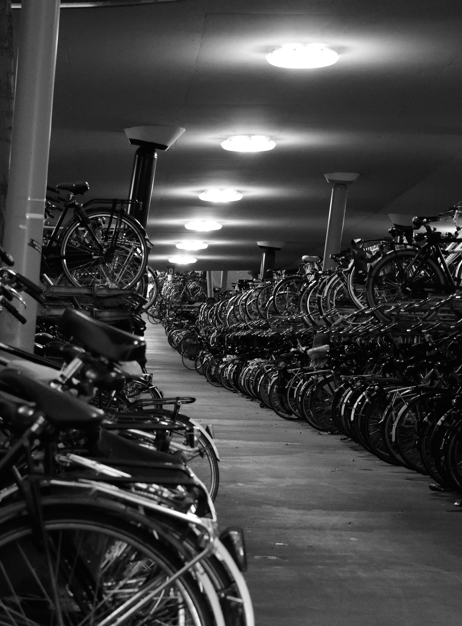 Local vélos d’immeuble avec vélos rangés en sous-sol