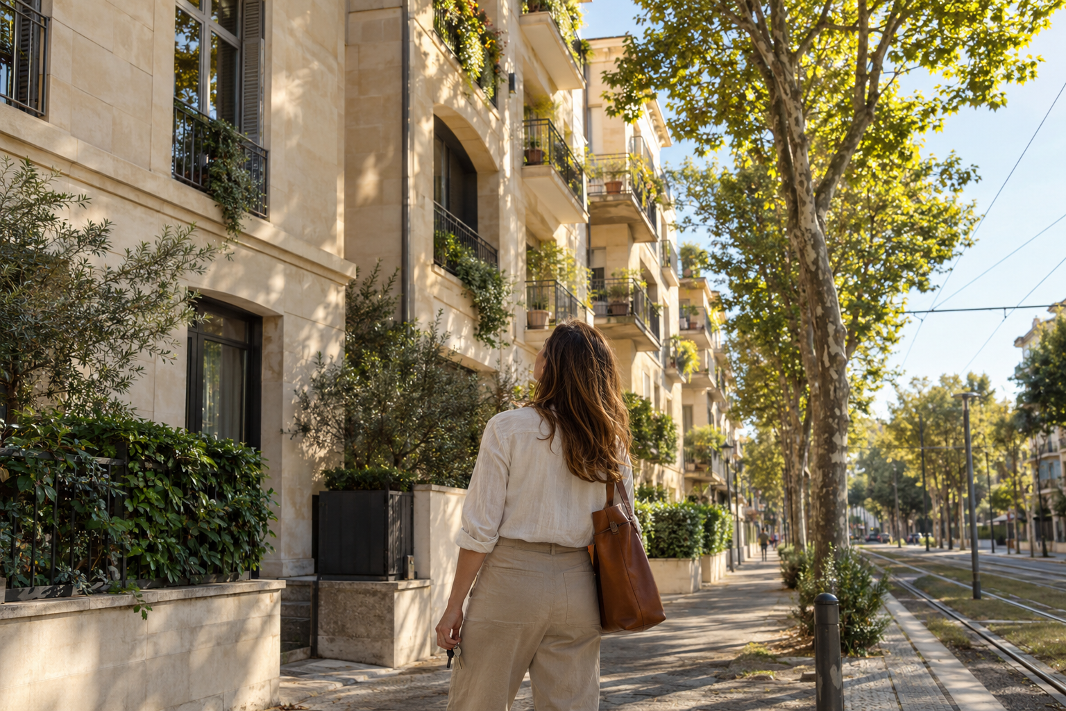 Personne tenant des clés dans une rue résidentielle arborée, avec immeubles et voie de tramway