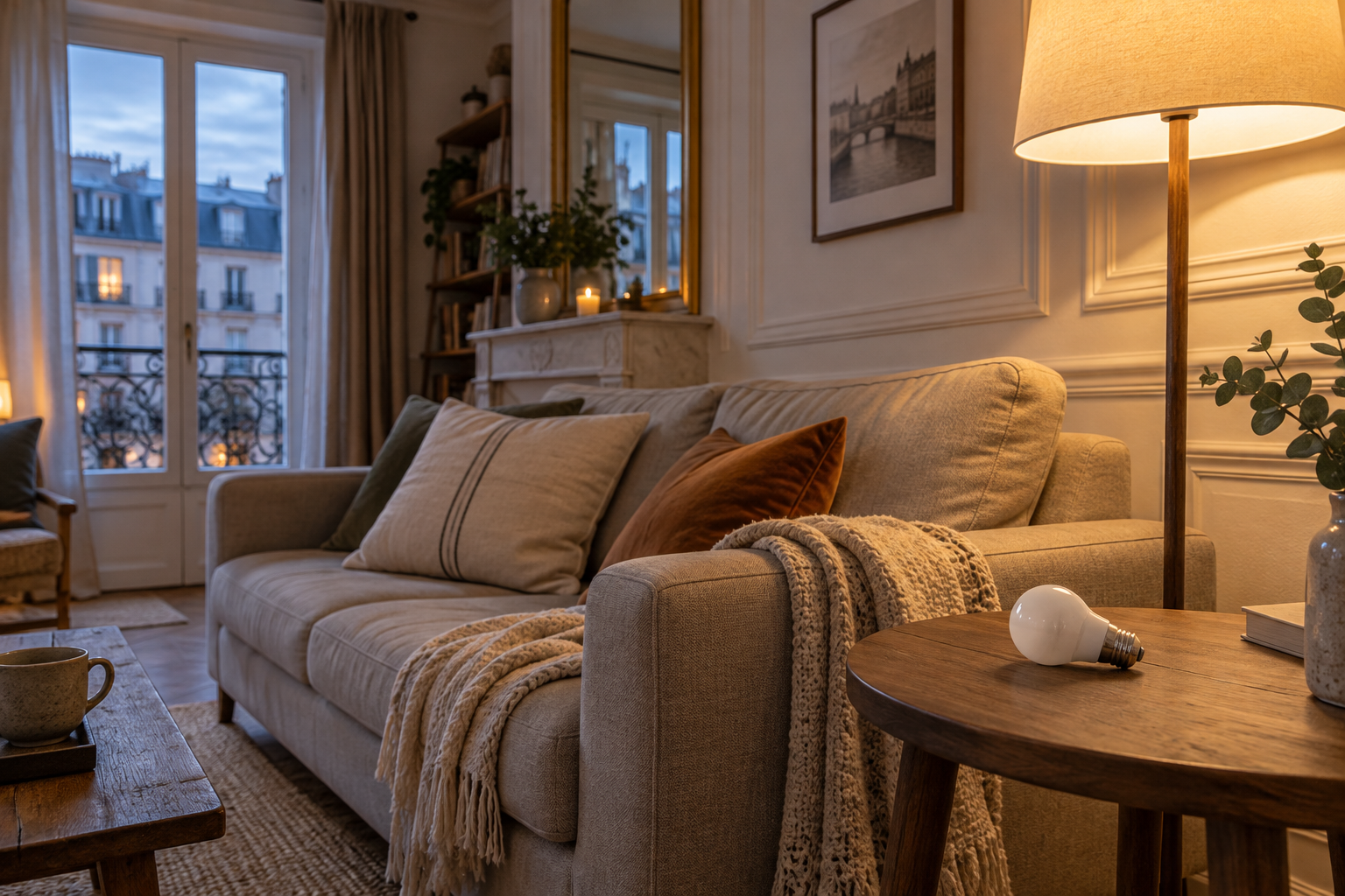 Ampoule LED sur une table près d’un lampadaire allumé dans un salon chaleureux