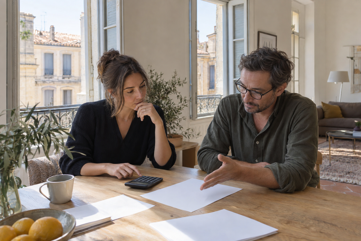 Deux personnes étudiant un budget d’achat immobilier dans un appartement à Montpellier