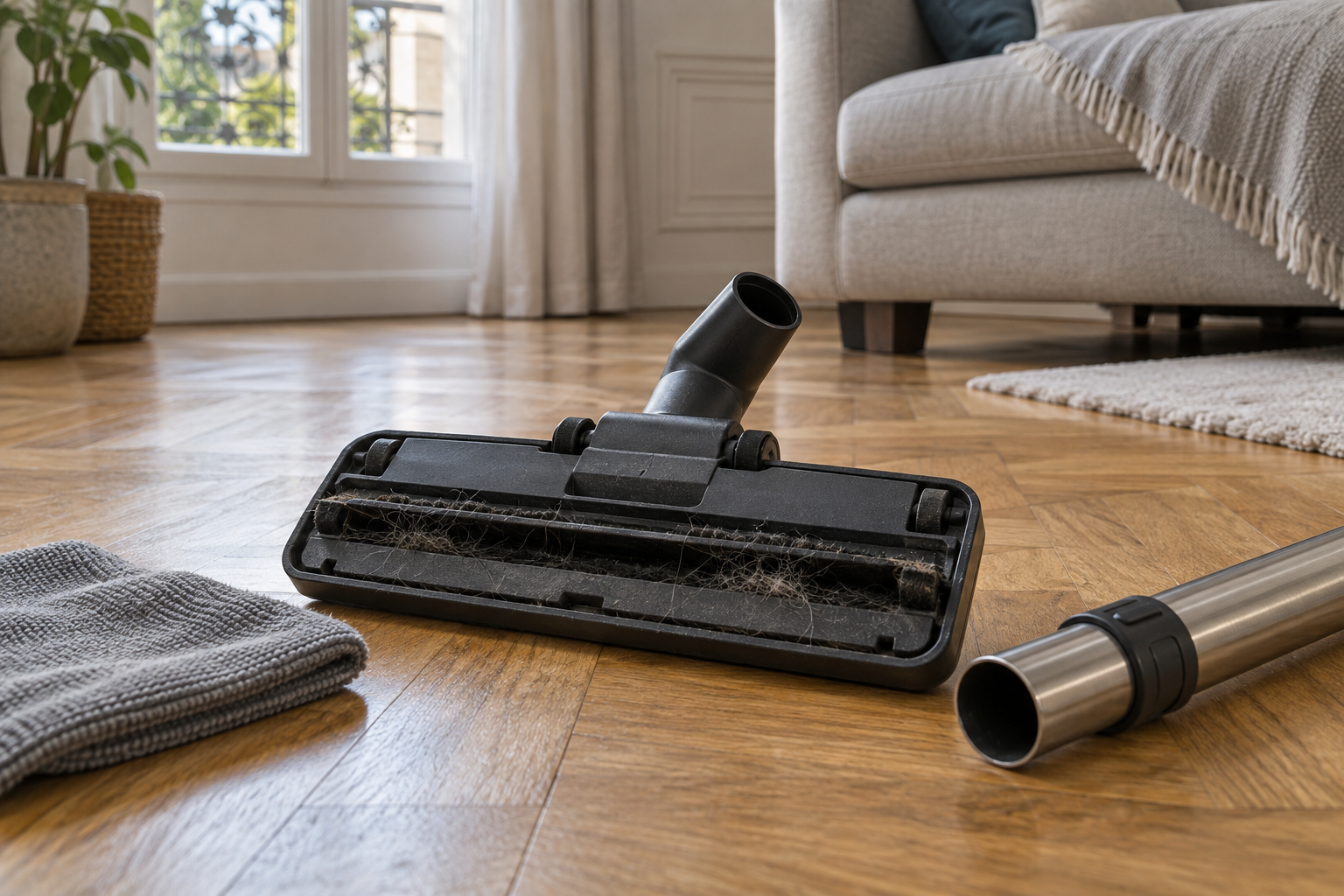 Brosse d’aspirateur détachée avec des cheveux dans les brins, posée sur un parquet près d’un chiffon