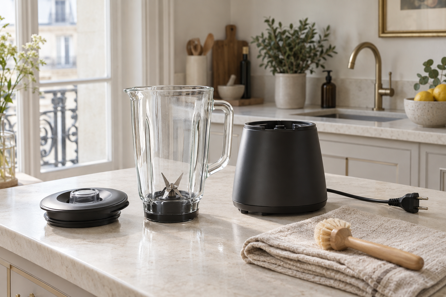 Bol de blender en verre, bloc moteur débranché, couvercle, brosse et chiffon sur un plan de travail