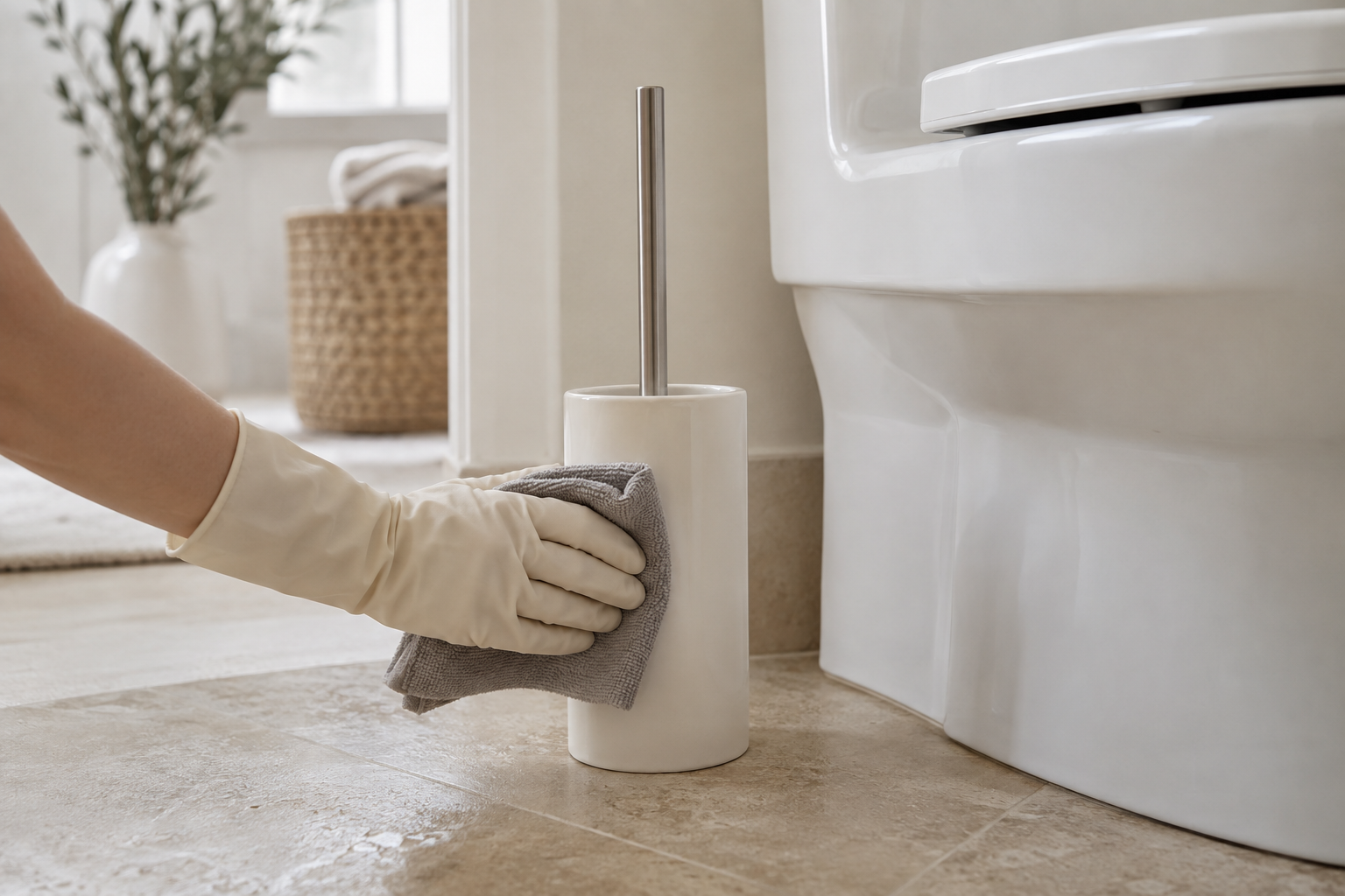 Main gantée essuyant le support de brosse WC à côté des toilettes