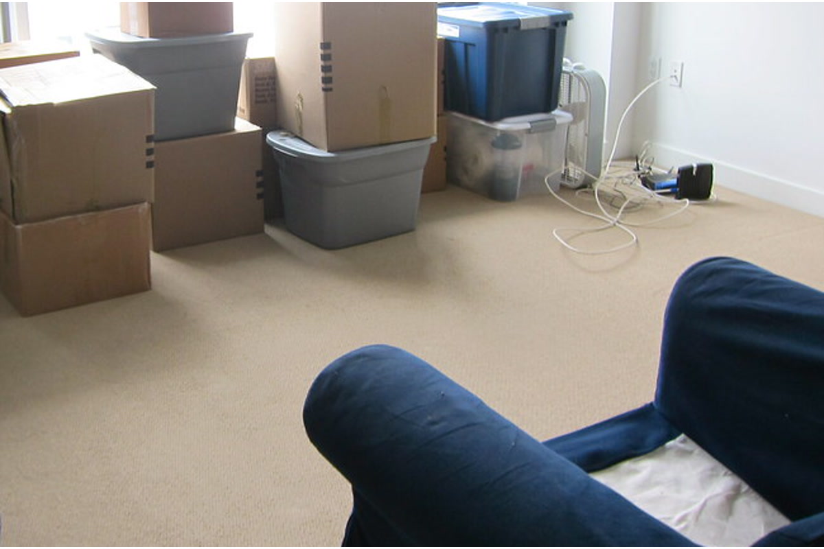 Cartons et bacs de rangement dans un salon avant tri