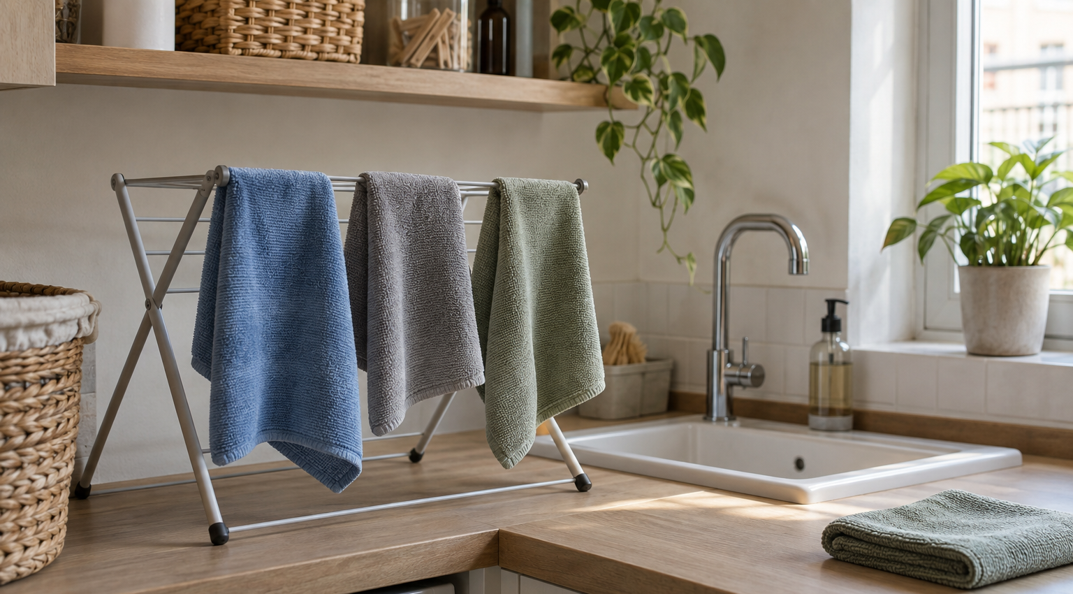 Trois chiffons microfibres bleu, gris et vert séchant séparément sur un étendoir près d’un évier