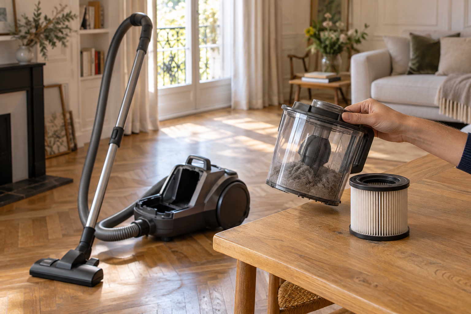 Aspirateur sans sac et filtre amovible présentés dans un salon lumineux