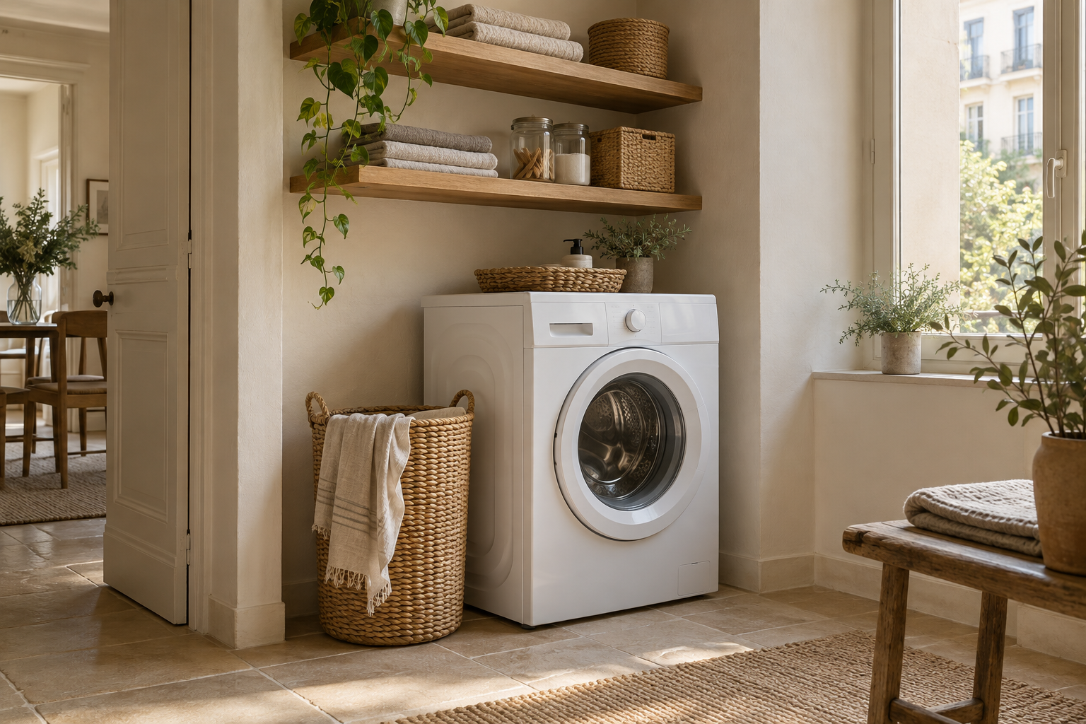 Lave-linge blanc à hublot dans une buanderie lumineuse avec panier à linge et étagères en bois