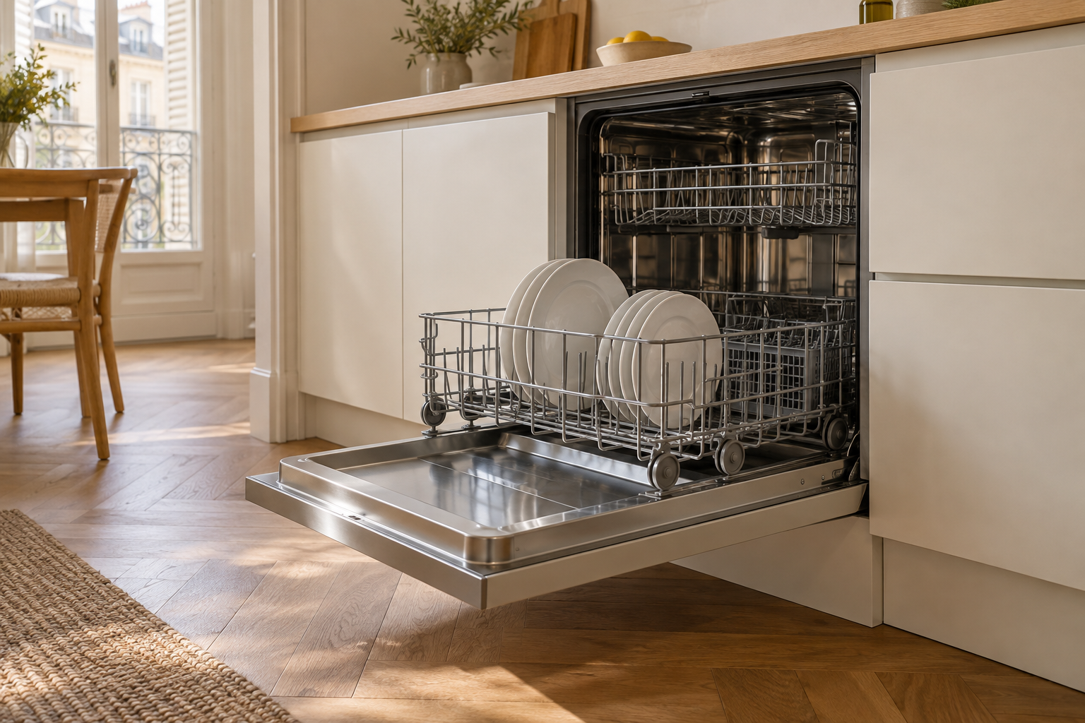 Lave-vaisselle ouvert avec un panier de vaisselle blanche dans une cuisine lumineuse