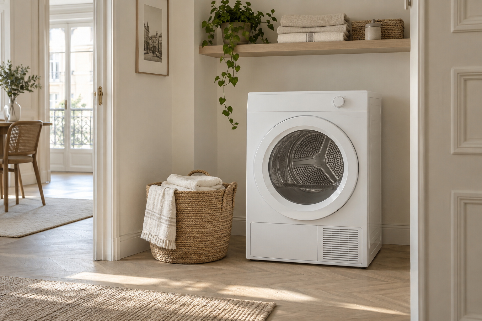 Sèche-linge blanc à hublot fermé dans une buanderie claire, avec un panier de serviettes à côté