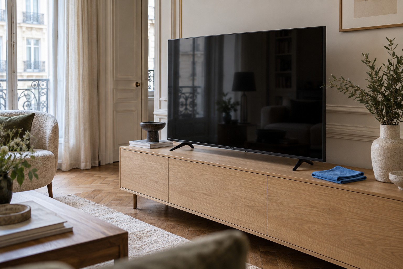 Téléviseur éteint sur un meuble en bois avec une microfibre bleue dans un salon lumineux
