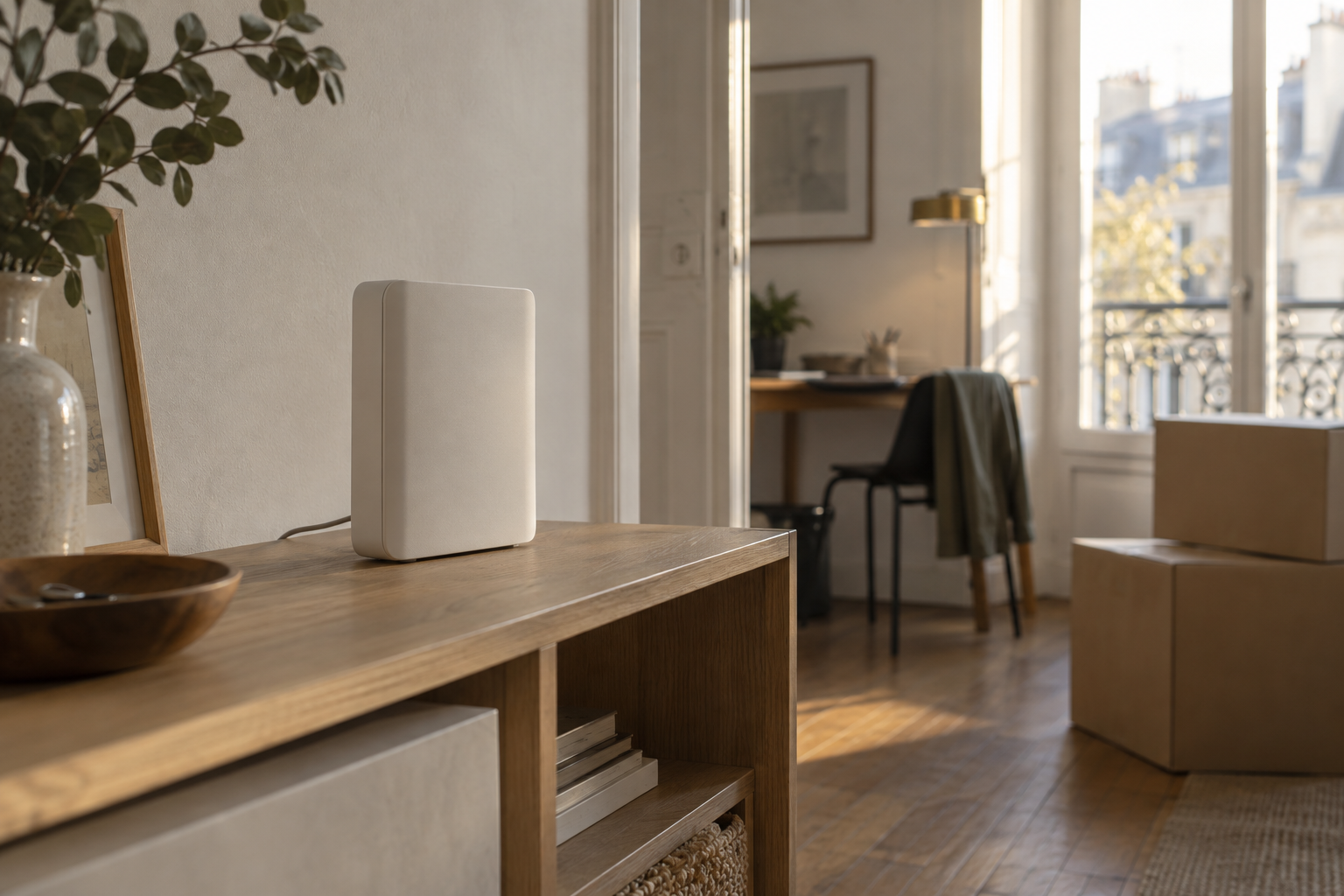 Box internet blanche sur un meuble ouvert, avec des cartons de déménagement en arrière-plan