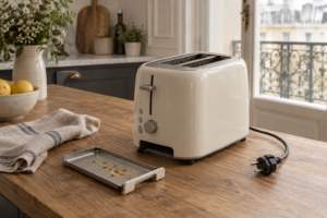 Grille-pain crème débranché, avec son tiroir ramasse-miettes retiré sur un plan de travail en bois