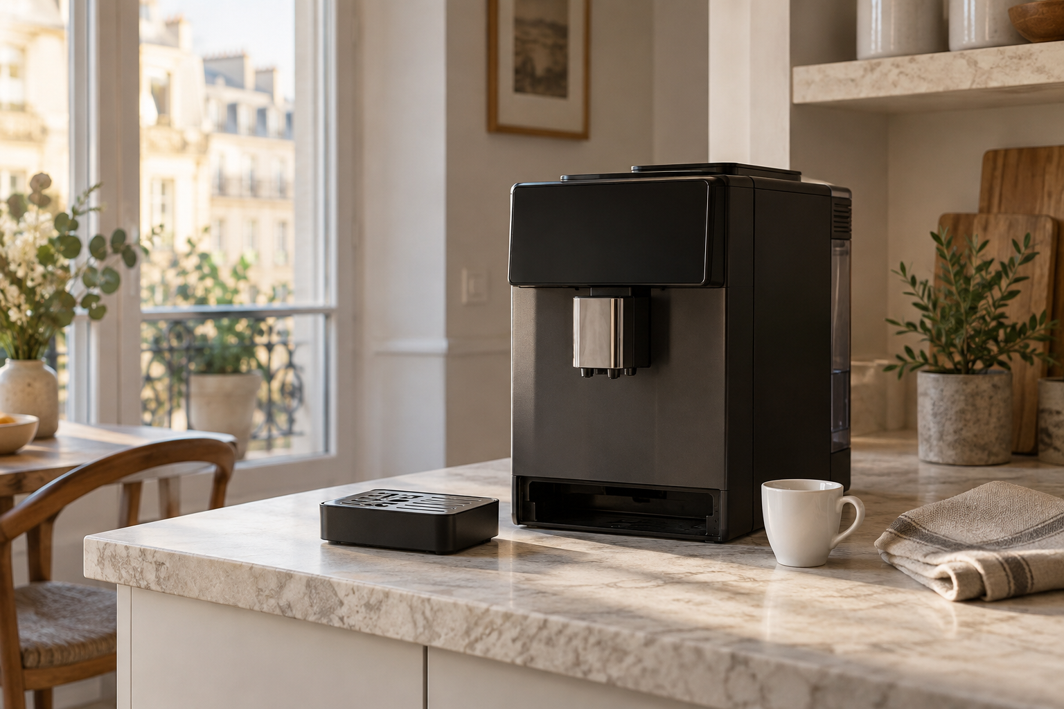 Machine à café à grains sur un plan de travail avec son bac amovible et un chiffon doux