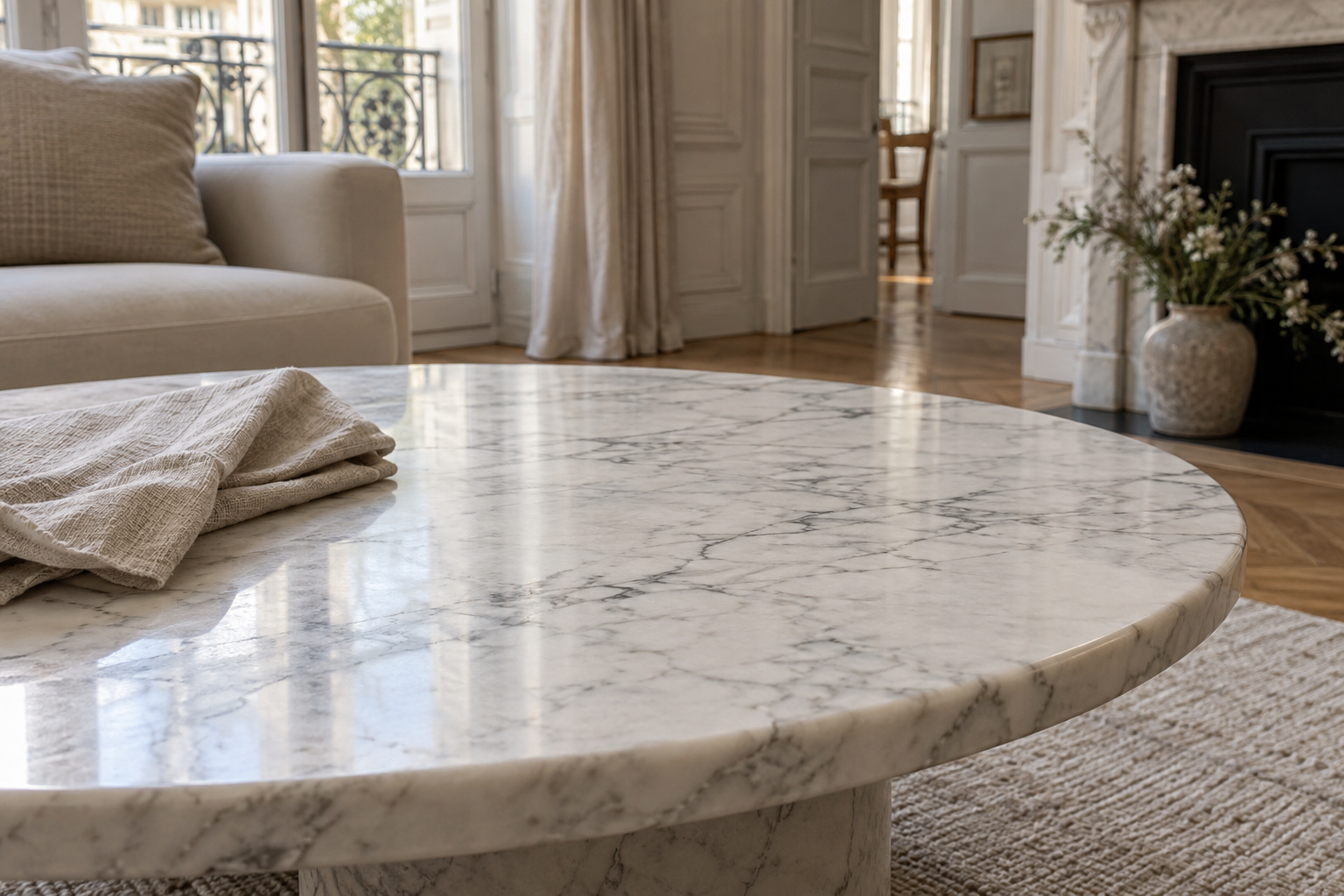 Table basse en marbre blanc veiné avec un chiffon doux dans un salon lumineux