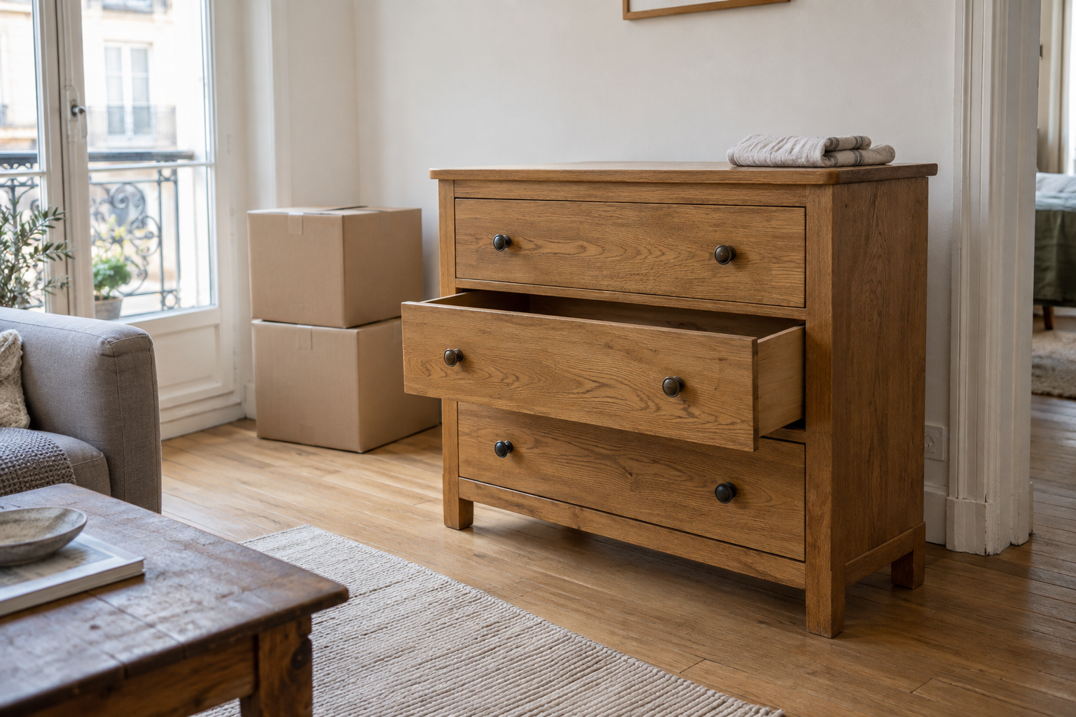 Commode en bois avec un tiroir entrouvert dans un salon lumineux, près de cartons de déménagement