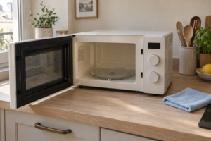 Micro-ondes ouvert avec plateau en verre et chiffon bleu sur le plan de travail