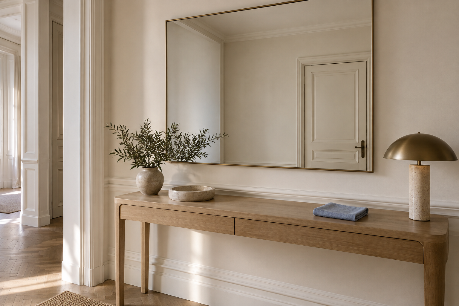 Miroir mural au-dessus d’une console en bois avec un chiffon microfibre bleu