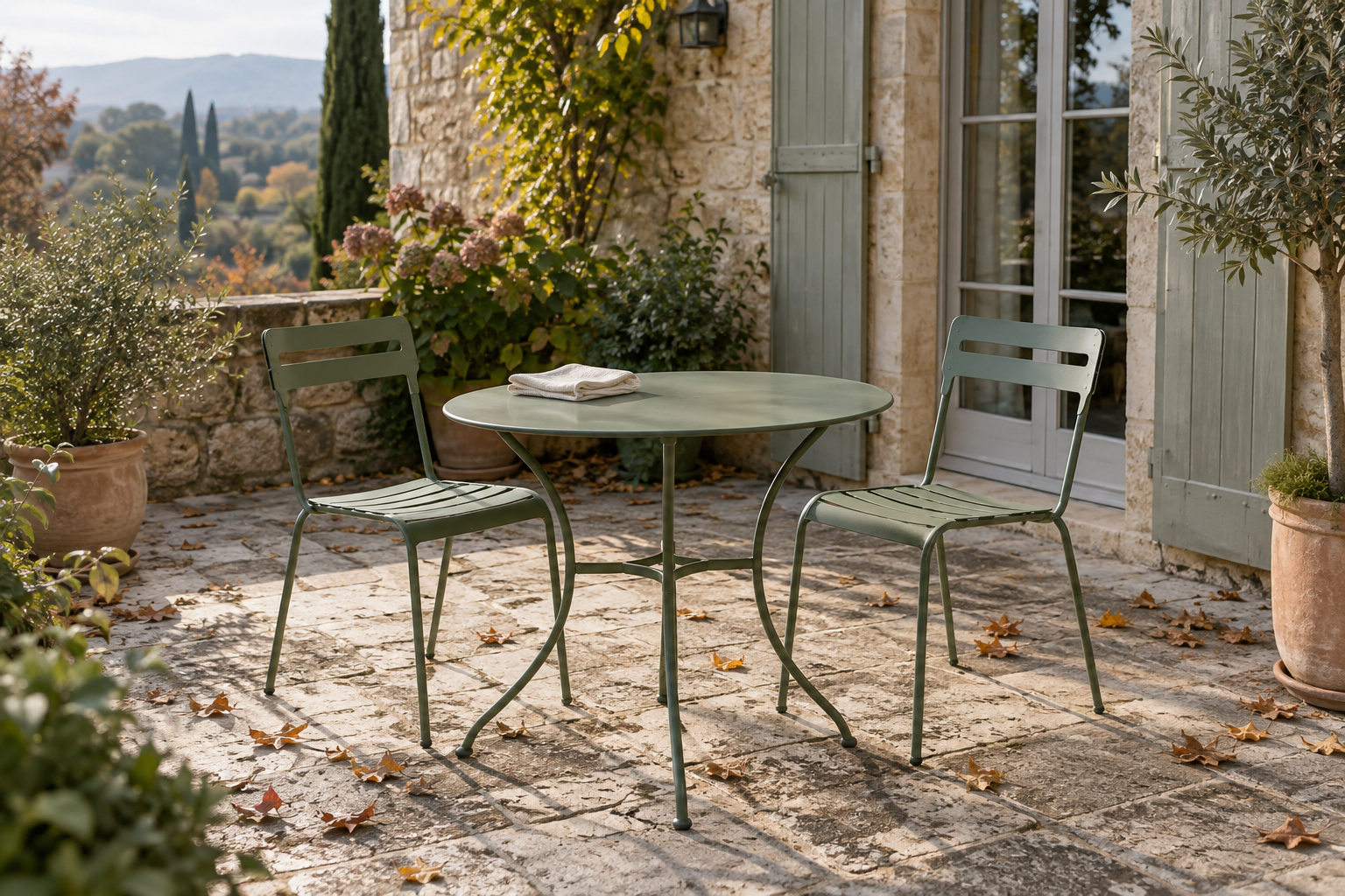 Table ronde et deux chaises de jardin en métal vert, avec un chiffon doux posé sur le plateau
