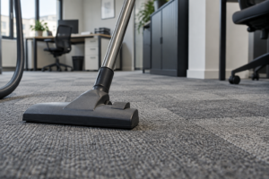 Brosse d’aspirateur sur une moquette grise en dalles dans un bureau éclairé naturellement