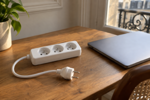 Multiprise blanche débranchée sur un bureau en bois à côté d’un ordinateur portable fermé