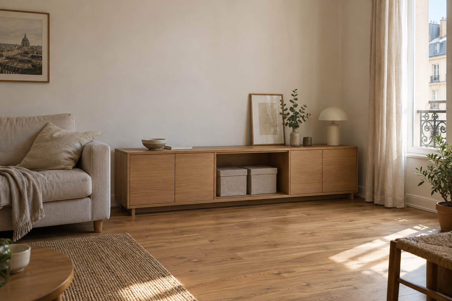 Meuble bas en bois et boîtes de rangement dans un petit salon au passage dégagé