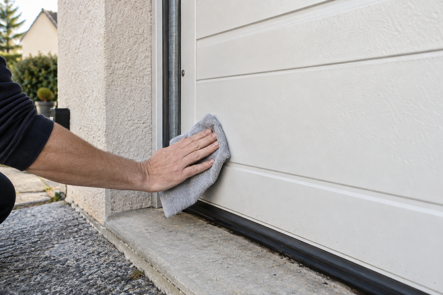 Main essuyant le panneau inférieur d’une porte de garage avec un chiffon