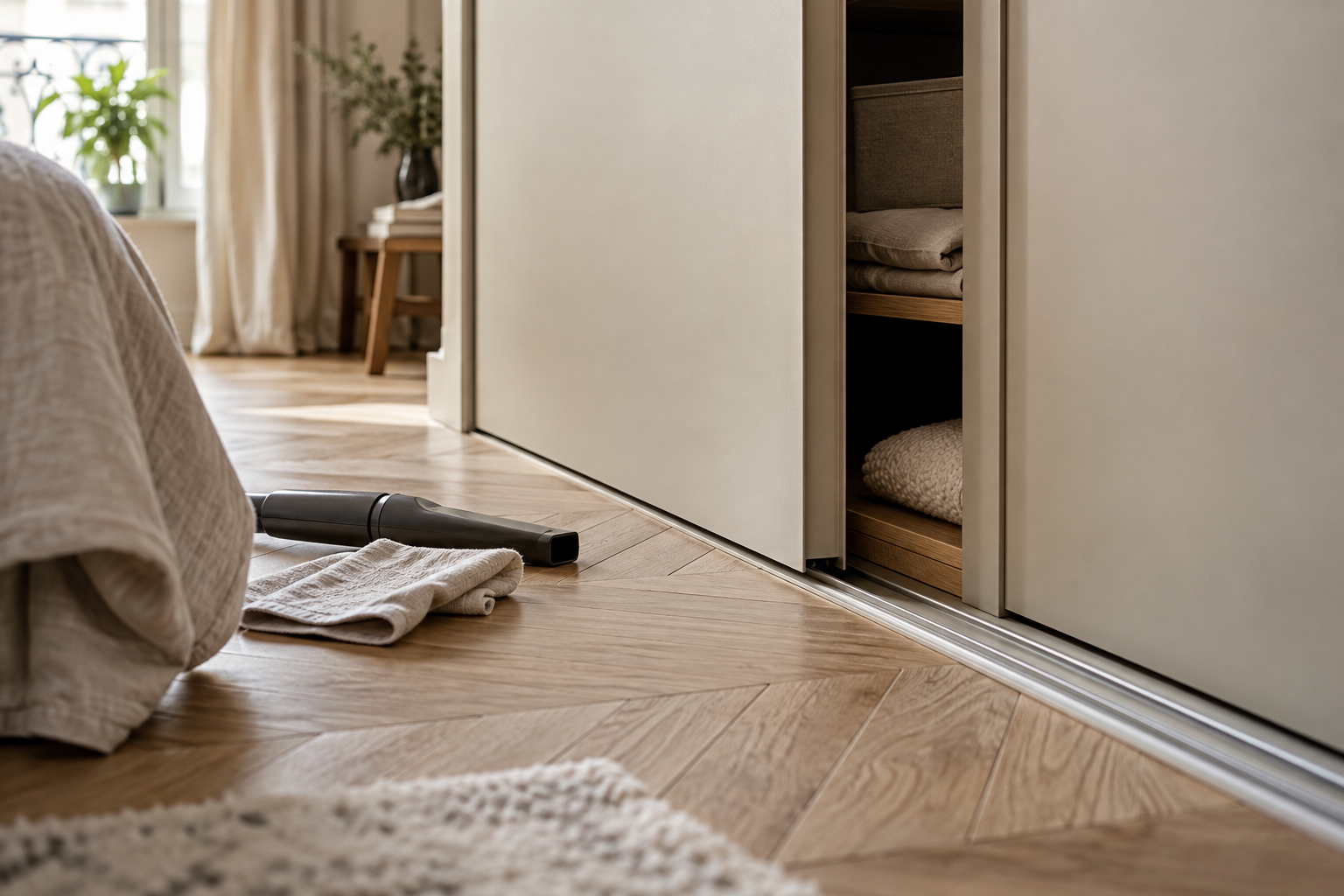 Rail inférieur d’un placard coulissant et chiffon de nettoyage dans une chambre