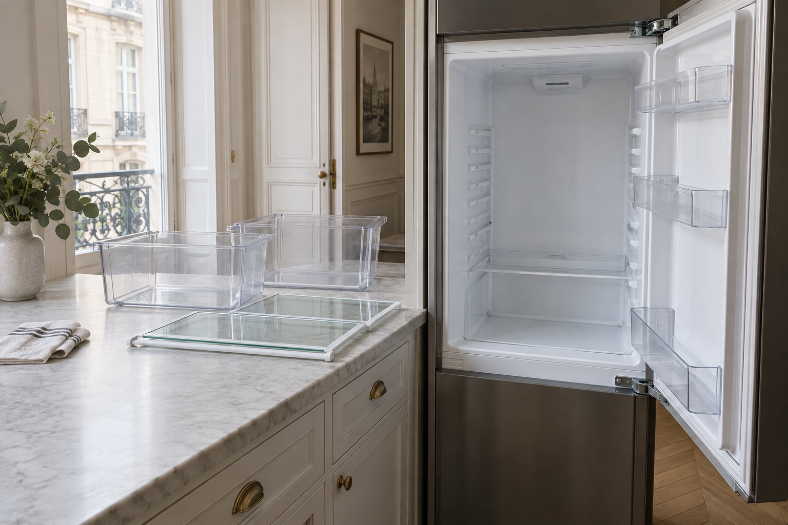 Réfrigérateur ouvert dans une cuisine, clayettes en verre et bacs posés sur le plan de travail