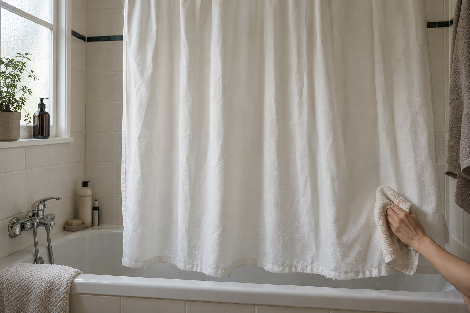 Main essuyant le bas d’un rideau de douche blanc dans une salle de bains