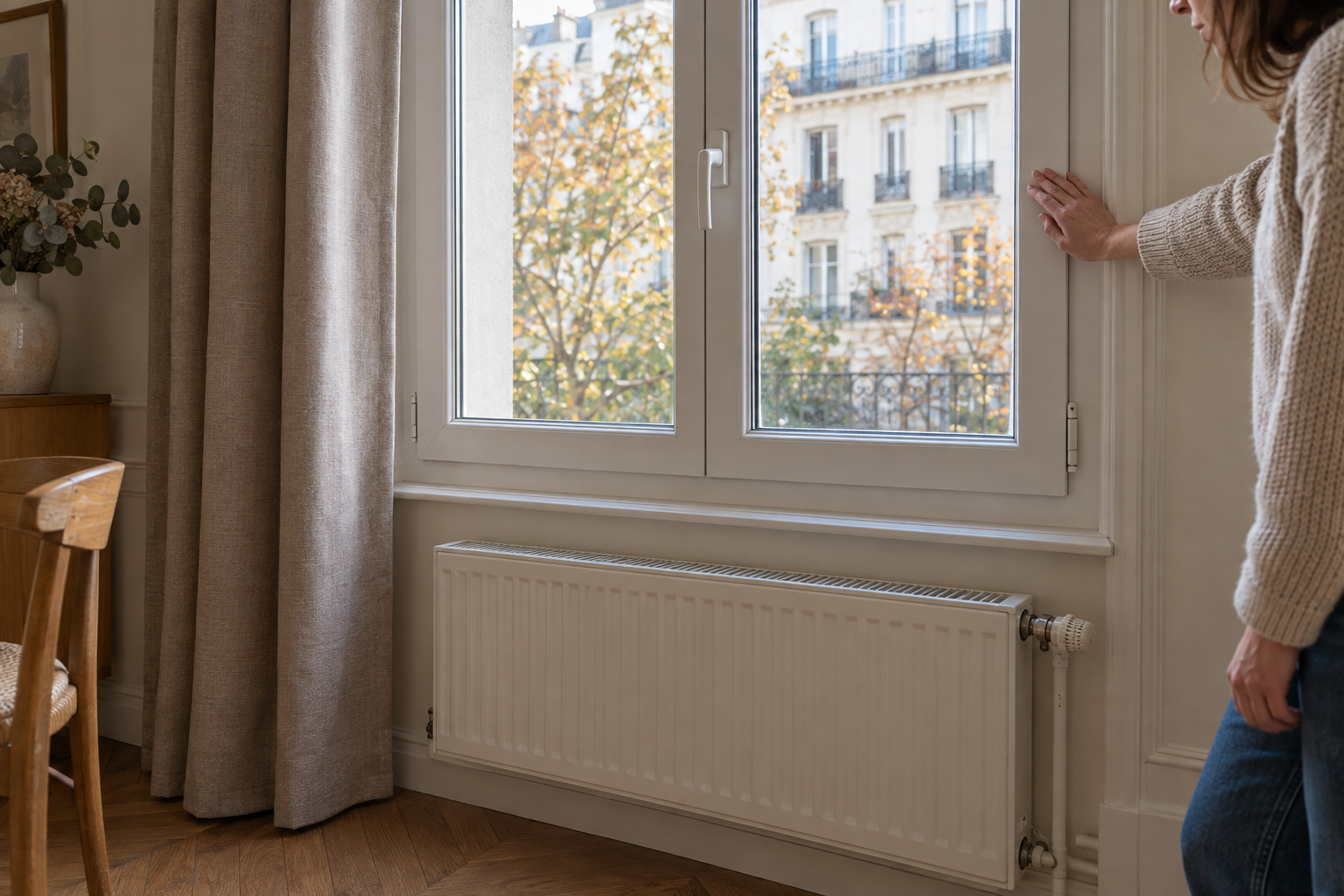 Rideau épais entrouvert près d’une fenêtre et d’un radiateur blanc