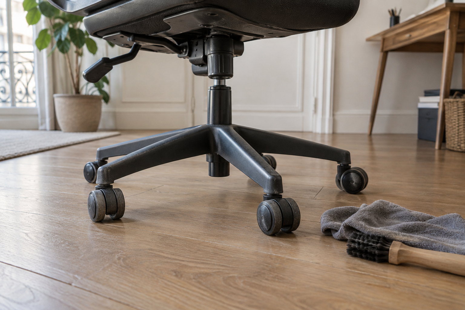 Piétement et roulettes d’une chaise de bureau, avec une brosse et un chiffon sur le parquet