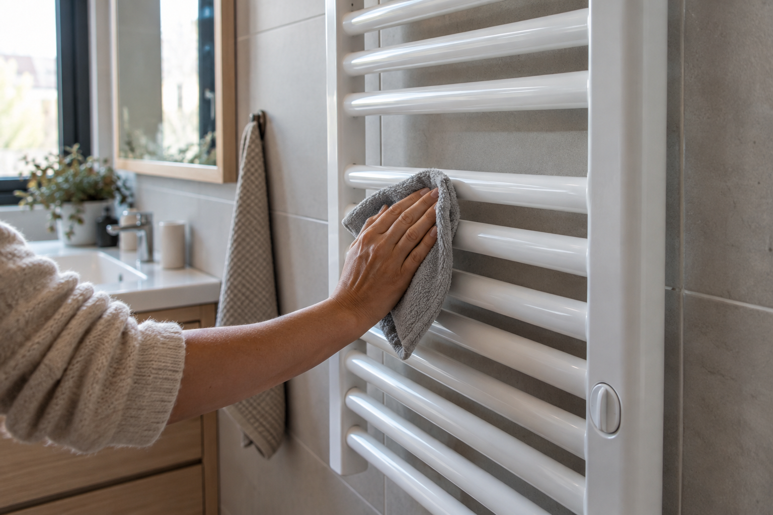 Main essuyant les barres d’un sèche-serviettes blanc avec un chiffon dans une salle de bains