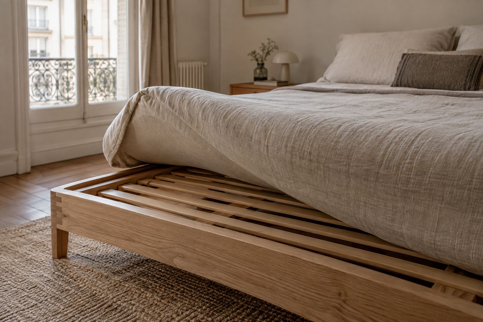 Matelas soulevé laissant voir les lattes en bois du sommier dans une chambre