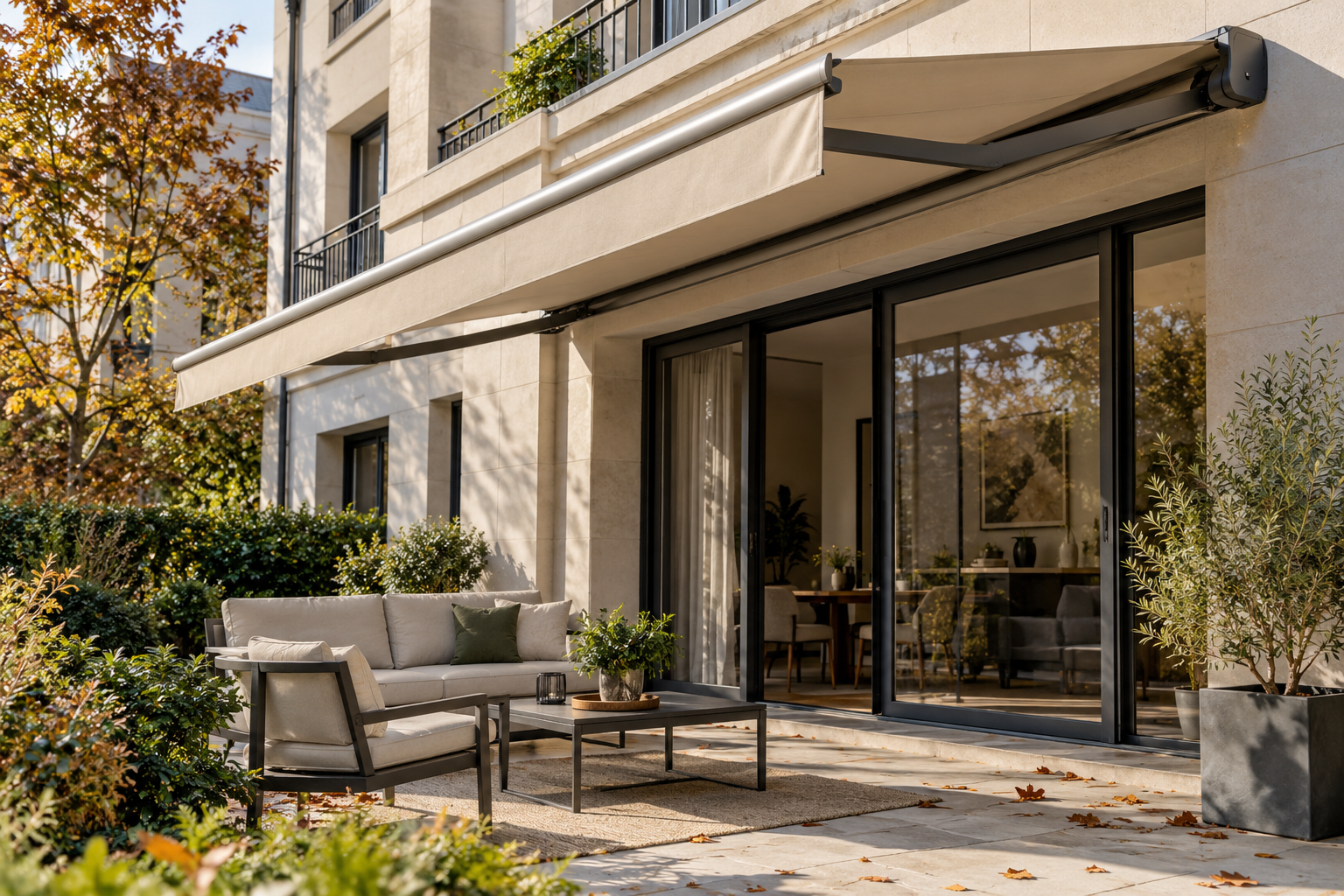 Store banne en toile beige déployé au-dessus d’une terrasse résidentielle