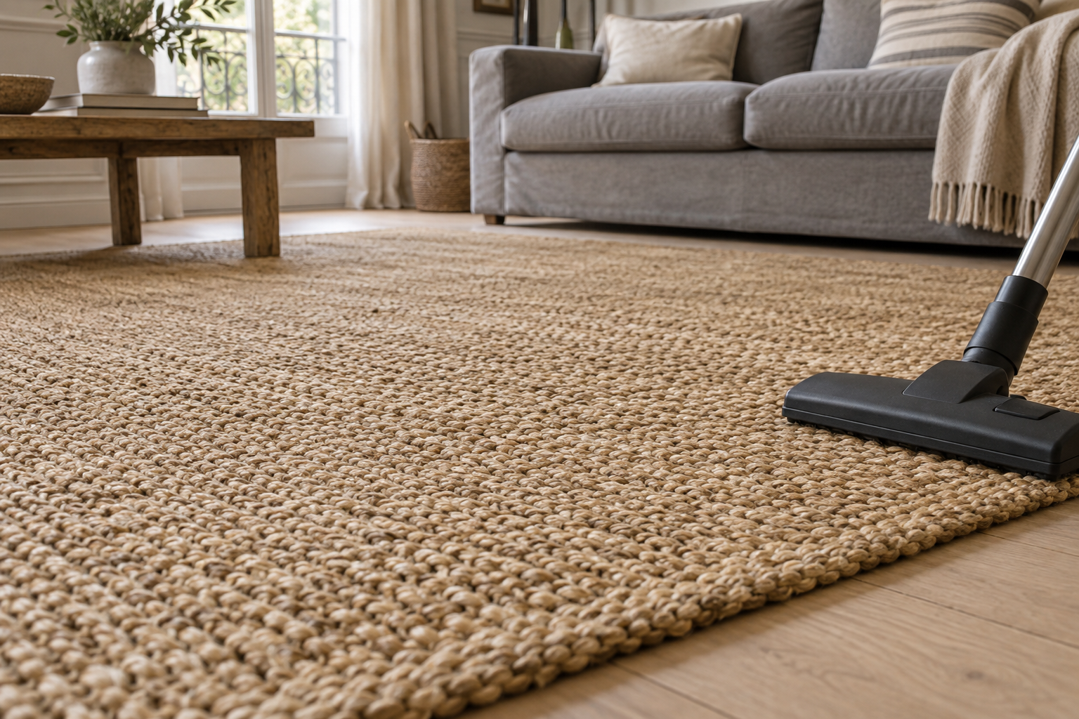Tapis en jute tissé à plat sur un parquet clair, avec un embout d’aspirateur près du bord