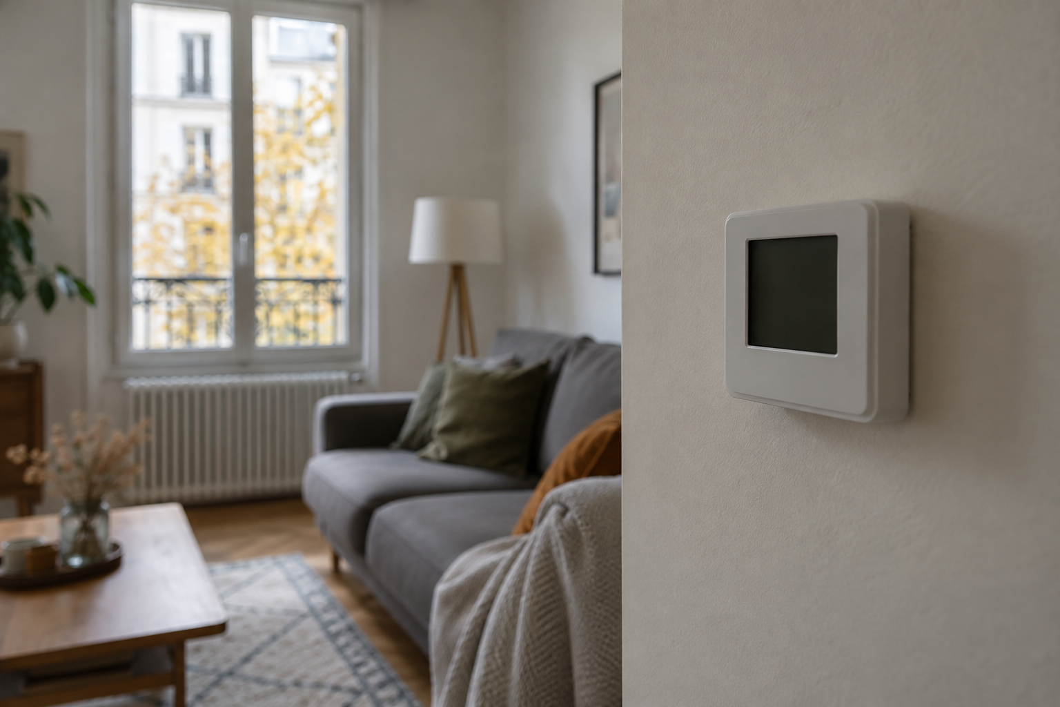 Thermostat mural blanc dans un salon lumineux avec un radiateur près de la fenêtre