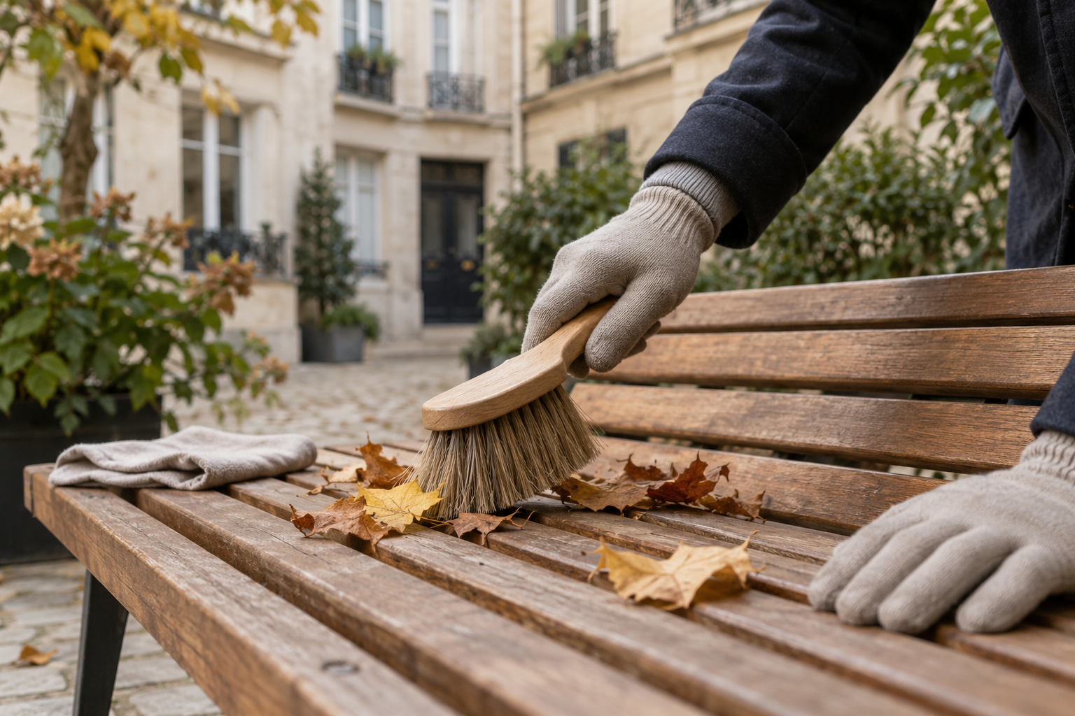 Mains gantées brossant les feuilles sur un banc en bois dans une cour