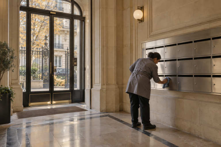 Une personne nettoie les façades des boîtes aux lettres dans un hall d’immeuble