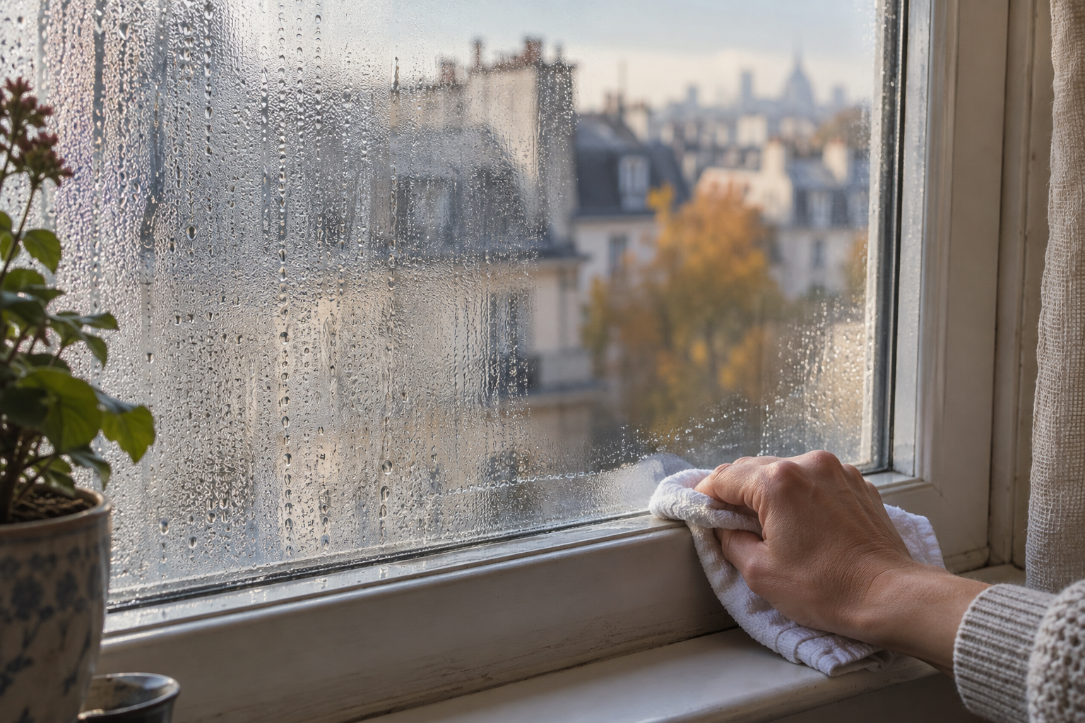 Main essuyant la condensation sur une vitre de logement