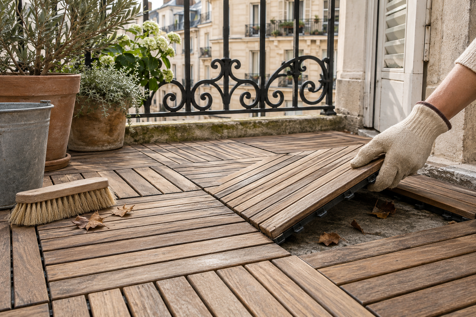 Main gantée soulevant une dalle de balcon pour retirer les feuilles dessous