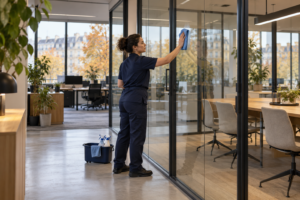 Professionnelle nettoyant une cloison vitrée de bureau avec une microfibre