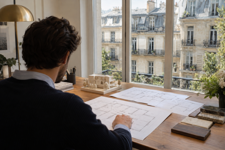 Personne examinant des plans de logement et une maquette devant une fenêtre urbaine