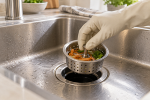 Main gantée soulevant une crépine avec des restes végétaux dans un évier de cuisine
