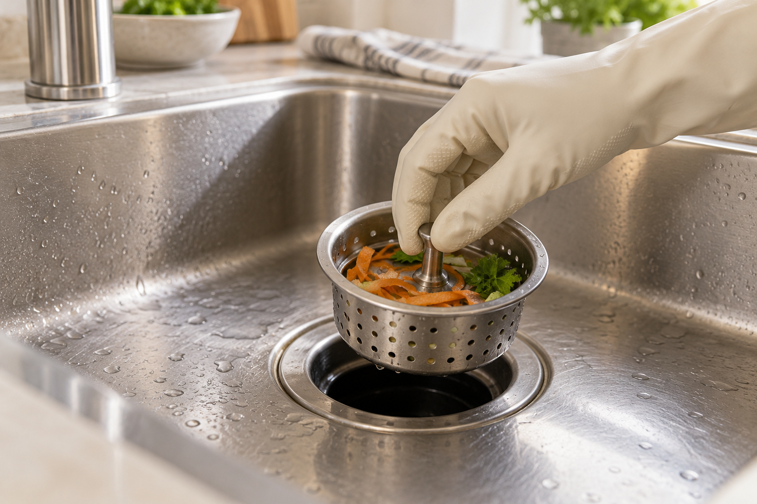 Main gantée soulevant une crépine avec des restes végétaux dans un évier de cuisine