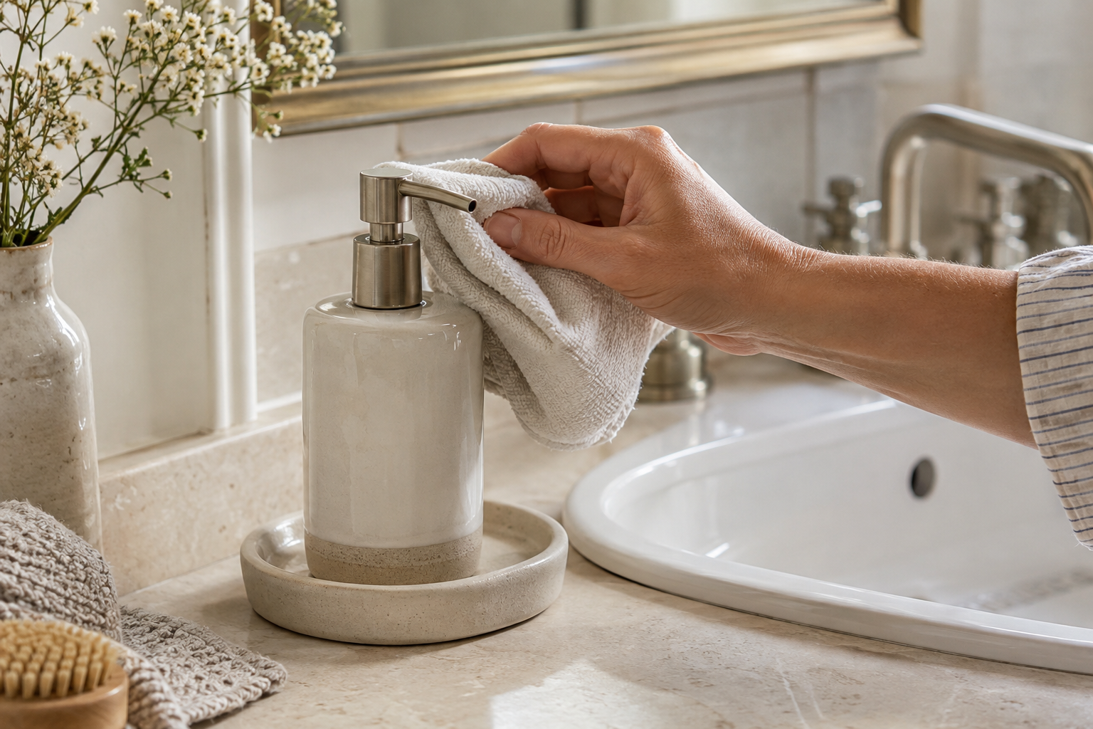 Main essuyant avec une microfibre la pompe d’un distributeur de savon près du lavabo