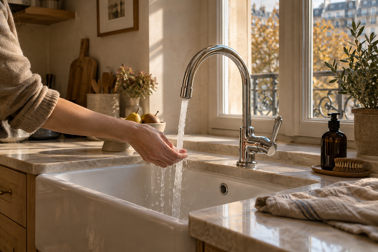 Main sous un robinet de cuisine pour vérifier la température de l’eau