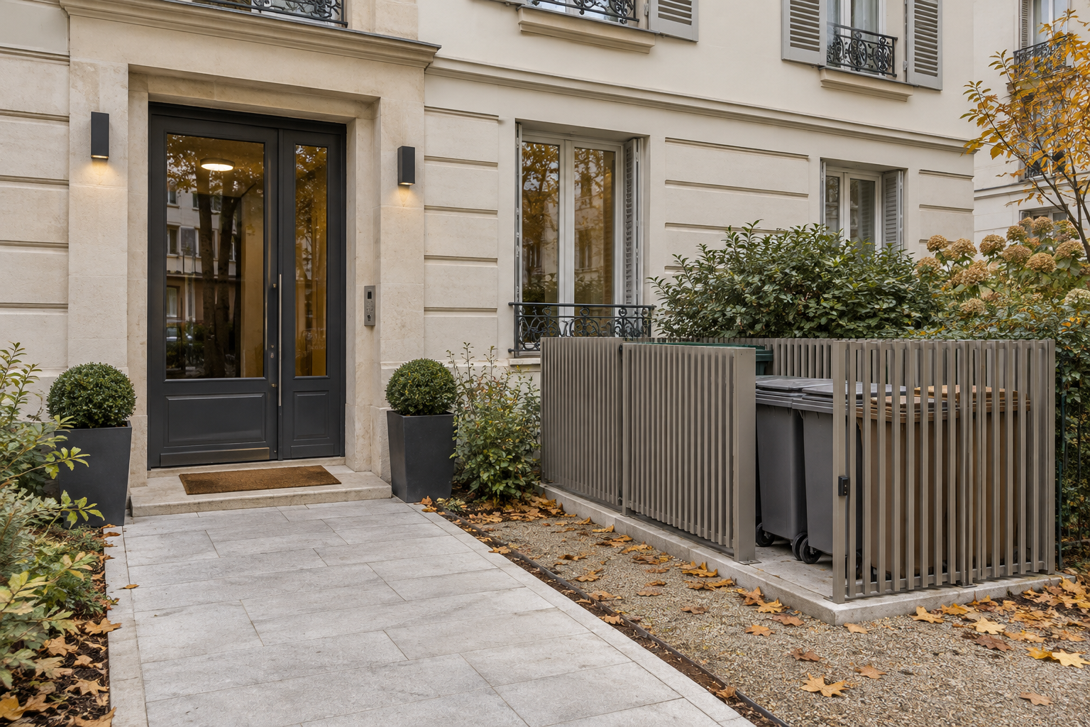 Conteneurs rangés dans un enclos extérieur près de l’entrée d’un immeuble