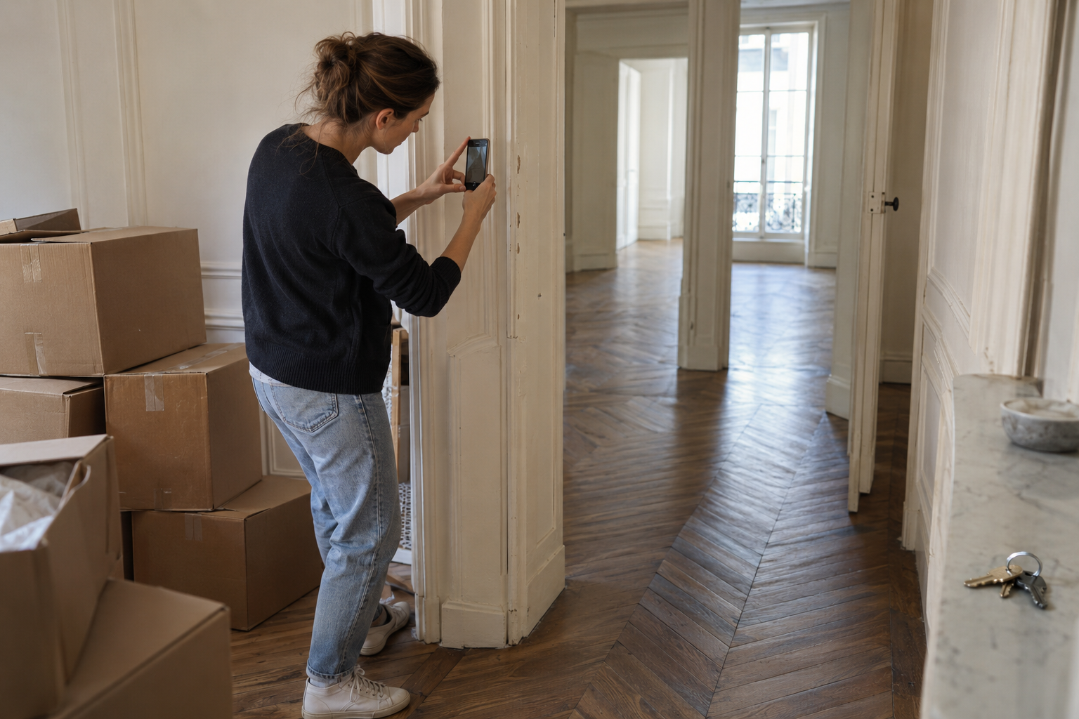 Personne photographiant un encadrement de porte dans un appartement en cours de déménagement
